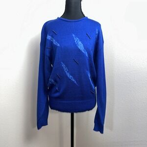 Vintage 90's Andrea Gayle Knit Sweater Women's Medium Blue Embroidered Beaded